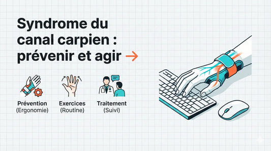 Bannière santé au travail : 'Syndrome du canal carpien : prévenir et agir'. Gros plan sur une main portant une attelle ergonomique de soutien pendant l'utilisation d'une souris et d'un clavier, avec les nerfs du poignet mis en évidence.