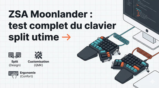 Bannière de test produit : 'ZSA Moonlander : test complet du clavier split ultime'. Les deux moitiés du clavier ergonomique ZSA Moonlander sont séparées, inclinées et connectées par des câbles spiralés sur un bureau.