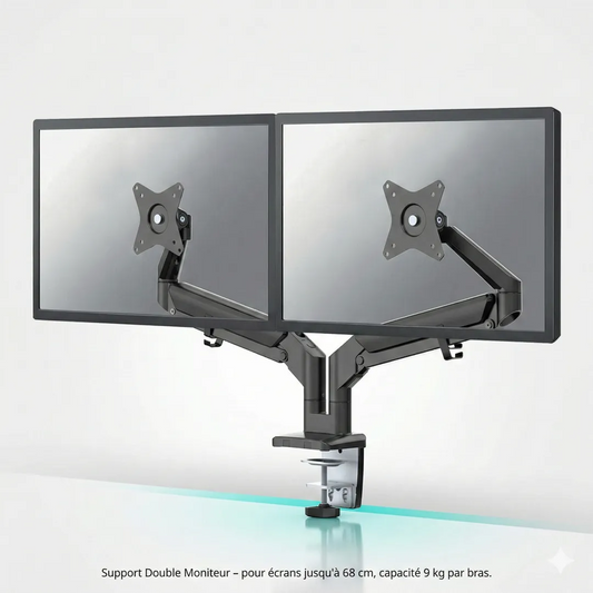 Bras de support réglable double écran en métal noir monté sur un bureau.