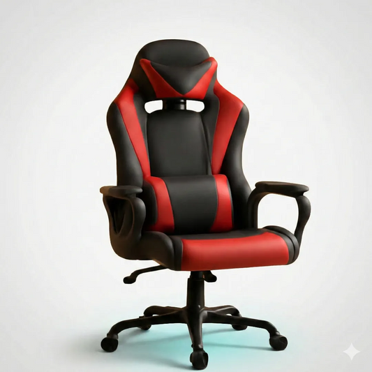 Chaise gaming ergonomique noir et rouge, vue de face 3/4, design racing avec dossier haut